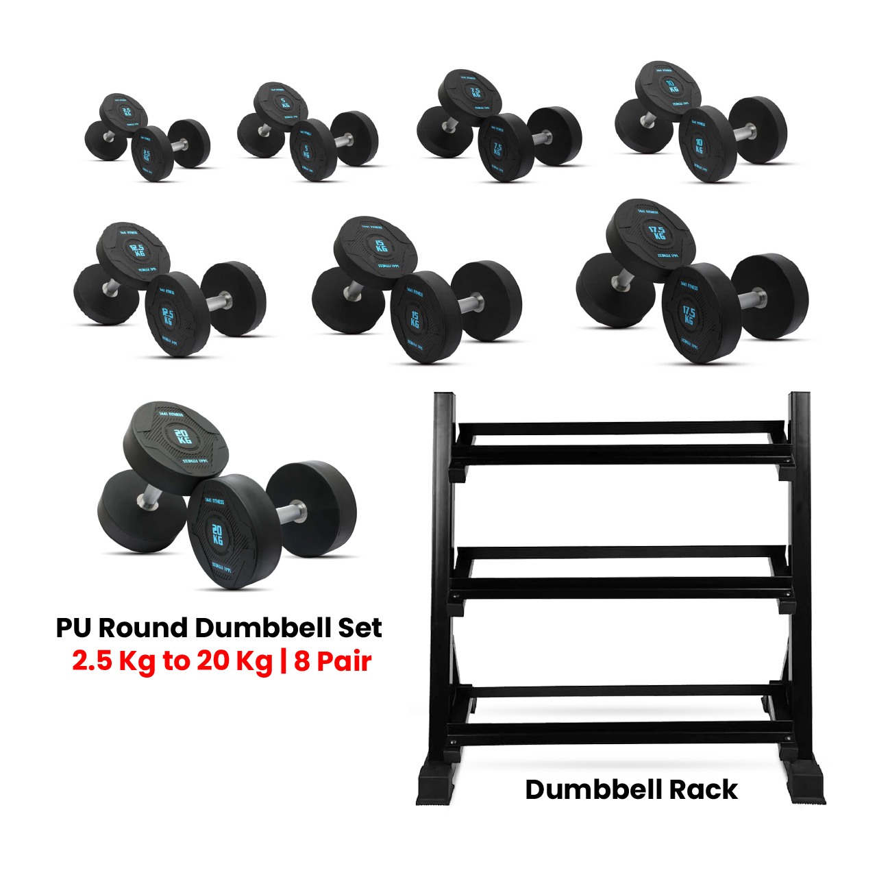 PU Round Dumbbell Set 2.5 KG to 20 KG with 3 Tier Rack - Bundle Offer